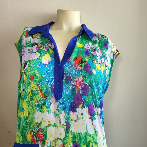 Size L Lamore Nannette Lepore V-neck Gree Multicolor flare Dress - Picture 2 of 8